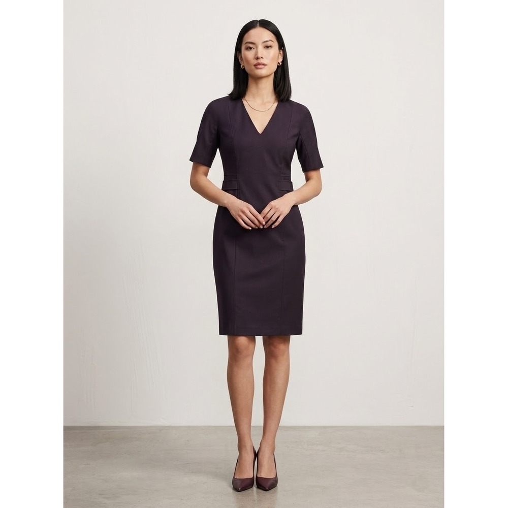 Hugo Boss Dibelo Dark Purple Virgin Wool V-Neck Sheath Dress Size 6